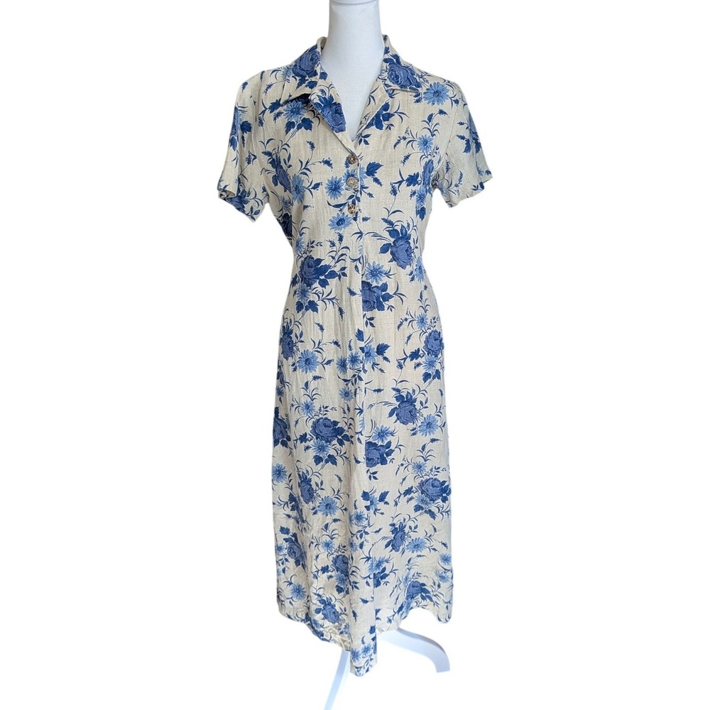 Match Vintage 100% Linen Blue Cottagecore Floral Midi Shirt Dress Petite 8